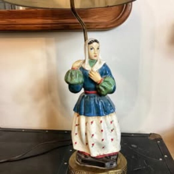 Vintage Antique Chalk Ware Woman Figure Brass Base Table Desk Lamp Works Used - Picture 1 of 8